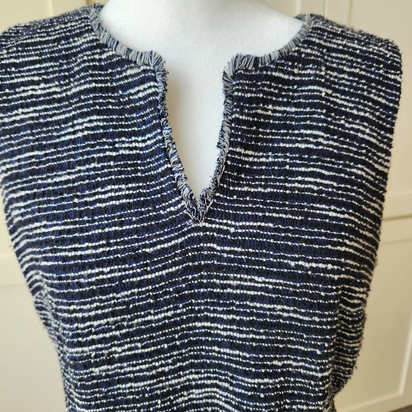 Tweed Fall Sheath Dress Navy Blue White Stripes Sleeveless Fringe Paris Size 10 - Picture 6 of 17